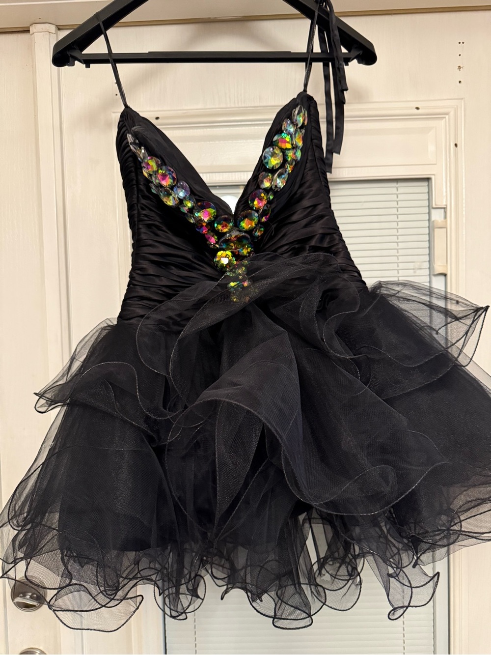 Sherri Hill Black Tulle Prom Dress with Iridescent Gem Accents
